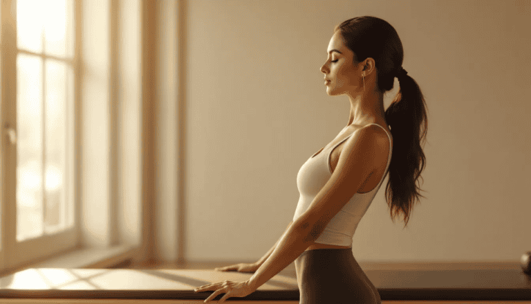 Woman doing Pilates stretch in bright studio setting, promoting flexibility and core strength.