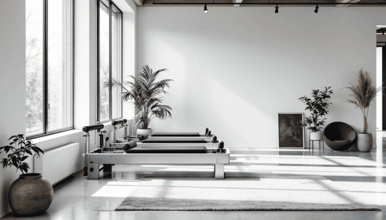 Bright Pilates studio with reformers and natural light in Charleston.