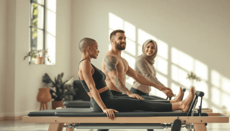 Pilates of Charleston studio with diverse students doing Pilates reformer exercises in a well-lit, modern space.