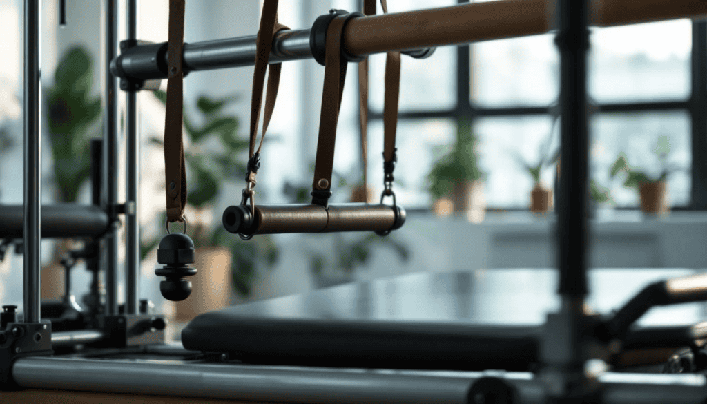 Close-up of pilates reformer straps and handles with green potted plants blurred in the background.