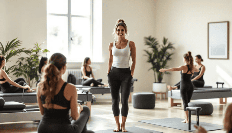 A female Pilates instructor guides a group in a Pilates reformer class at Pilates of Charleston gym, emphasizing core strength, flexibility and posture.