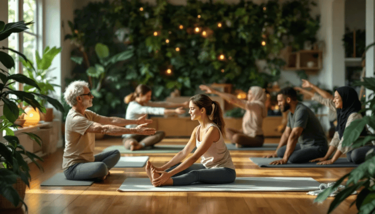 Indoor Pilates workout with diverse participants in a cozy, nature-inspired studio.