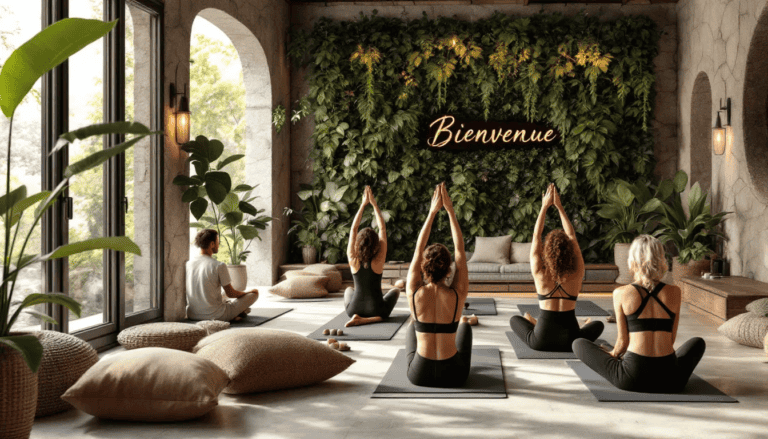 Relaxing indoor yoga session in Charleston studio with natural light and lush greenery.